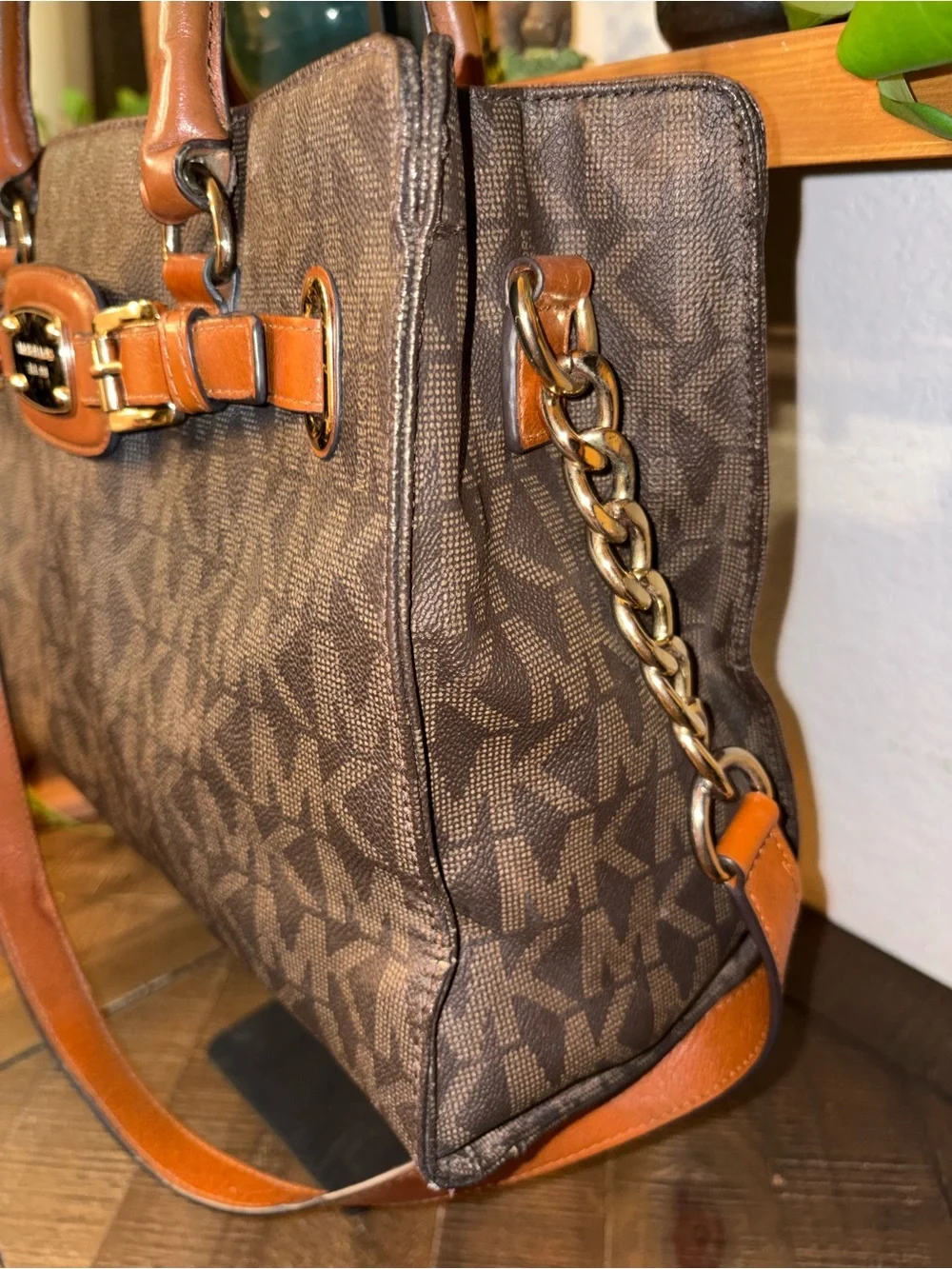 Michael Kors Hamilton Large Brown MK Signature Tote Satchel Crossbody Bag - Picture 5 of 7